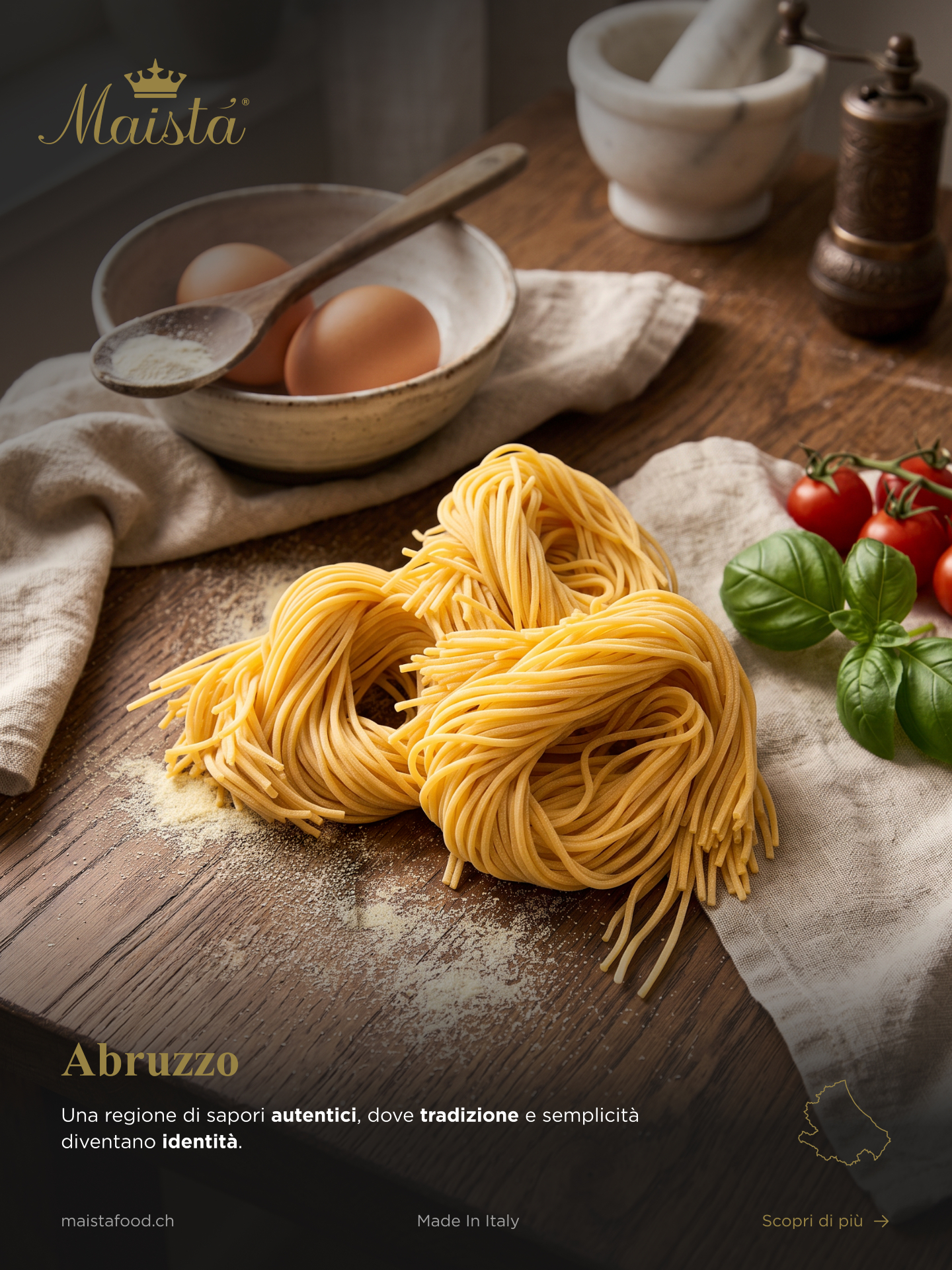 🇮🇹 Made in Italy, regione dopo regione.
Un viaggio tra sapori, tradizioni e specialità che raccontano l’Italia attraverso i suoi territori.
👑 Tappa 01 — Abruzzo
Una terra dalla forte identità gastronomica, dove ricette, lavorazioni e sapori custodiscono tradizioni tramandate nel tempo.
In questa prima tappa scopriamo tre specialità selezionate da Maistà: Spaghetti alla chitarra, Maccheroncelli e Torrone tenero al cioccolato aquilano.
Scorri il carosello e lasciati guidare tra i sapori dell’Abruzzo.
📩 Info e ordini:
orders@maistafood.ch | info@maistafood.ch
#MaistaFood #MadeInItaly #Abruzzo #SaporiItaliani #EccellenzeItaliane