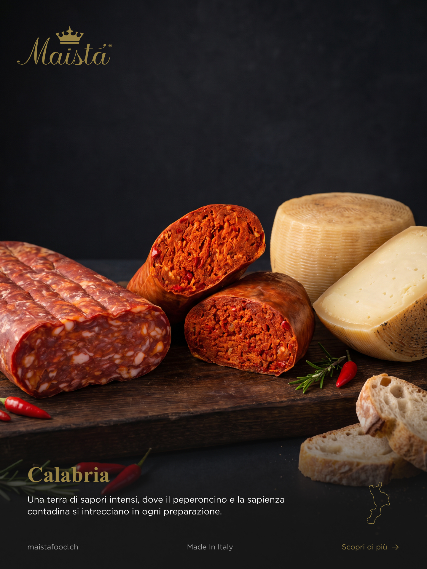 🇮🇹 Made in Italy, regione dopo regione.
Un viaggio tra sapori, tradizioni e specialità che raccontano l'Italia attraverso i suoi territori.

👑 Tappa 03 — Calabria
Il peperoncino non è solo piccantezza: in Calabria è un modo di conservare, raccontare e caratterizzare ogni ricetta di famiglia.
In questa tappa scopriamo tre specialità selezionate da Maistà: 'Nduja, Spianata Calabra Piccante e Pecorino Calabrese Cerza Cupa.

Segui il rosso della Calabria, dal salume al formaggio.

📩 Info e ordini:
orders@maistafood.ch | info@maistafood.ch

#MaistaFood #MadeInItaly #Calabria #SaporiItaliani #Piccante