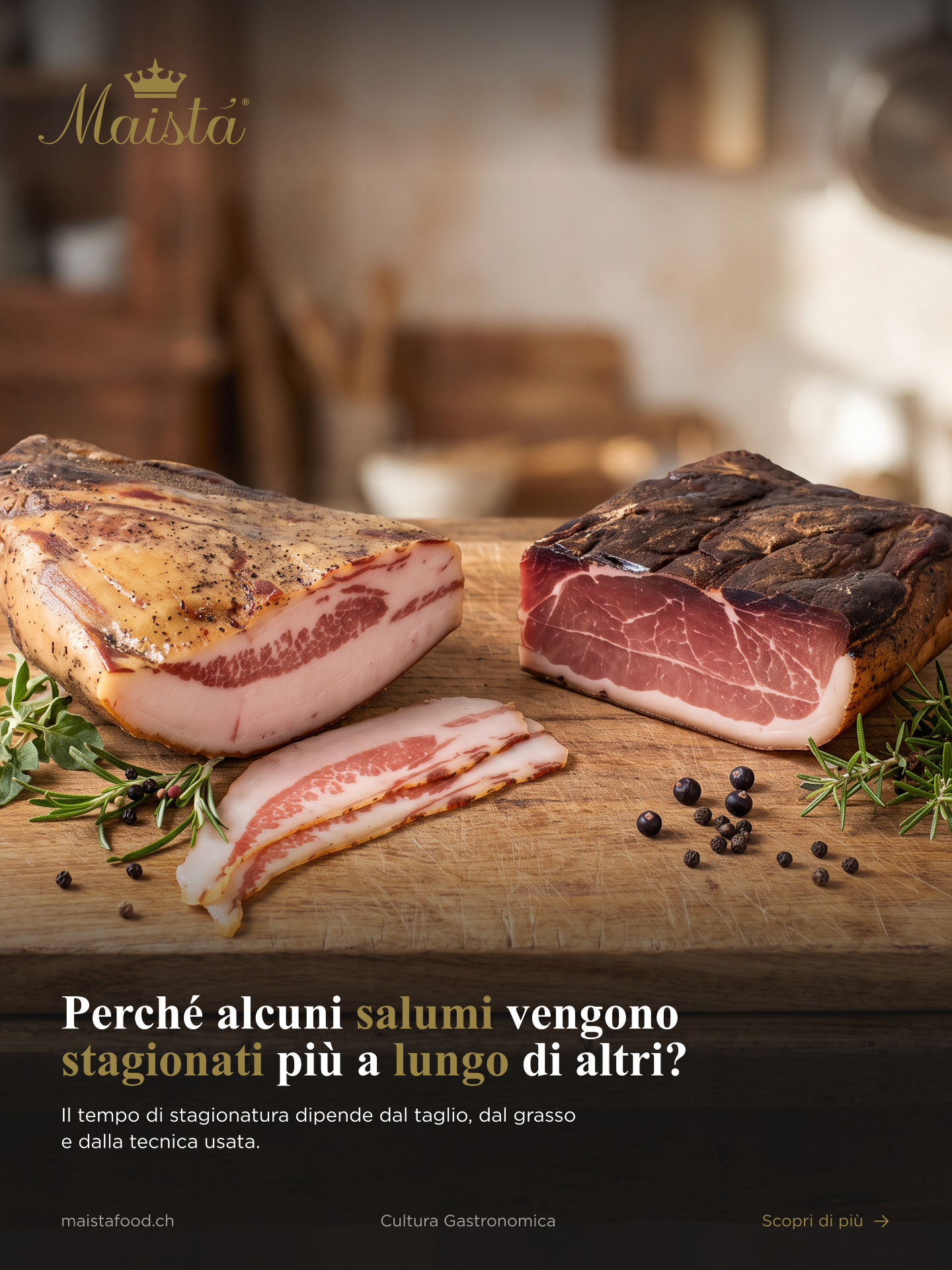 🇮🇹 Cultura Gastronomica Maistà
Un viaggio tra prodotti, tradizioni e piccoli dettagli che raccontano la cultura gastronomica italiana. Perché conoscere ciò che portiamo in tavola significa apprezzarlo ancora di più.
👑 Perché alcuni salumi vengono stagionati più a lungo di altri?
Non tutti i salumi maturano allo stesso ritmo: c'è chi ha bisogno di mesi in condizioni precise, chi si perfeziona in tempi più brevi grazie al taglio e al grasso di partenza. Una differenza che nasce dalla materia prima, non da una tecnica migliore o peggiore. Nel carosello scopriamo cosa decide davvero questi tempi.
Scorri e scopri cosa cambia da un taglio all'altro.
📩 Info e ordini:
orders@maistafood.ch | info@maistafood.ch
#MaistaFood #CulturaGastronomica #Salumi #GuancialeDiNorcia #SpeckAltoAdige
